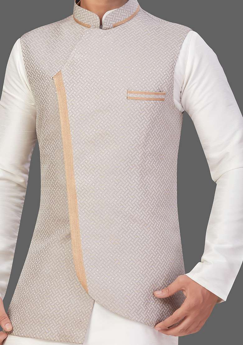 Cream Solid Art Silk Blend Nehru Jacket Set For Men - Indya