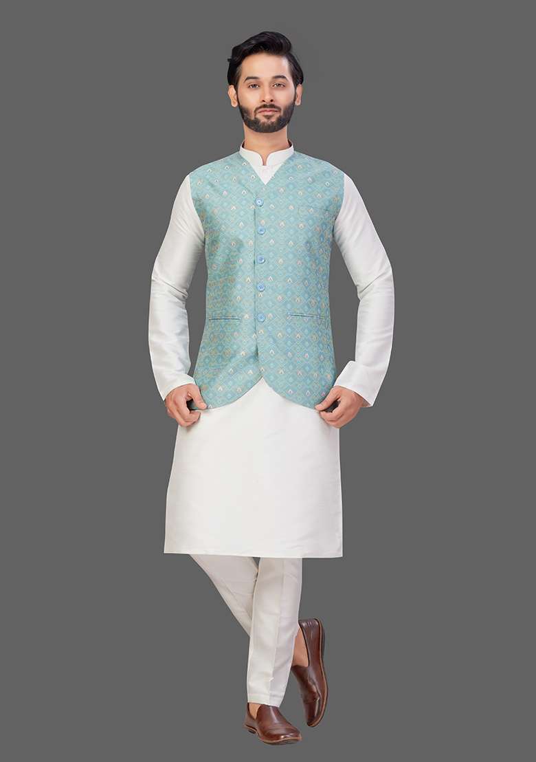 Cream Solid Art Silk Blend Nehru Jacket Set For Men - Indya