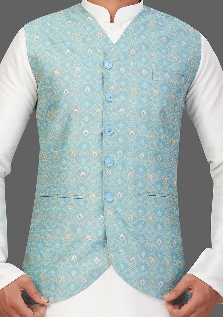 Cream Solid Art Silk Nehru Jacket Set For Men
