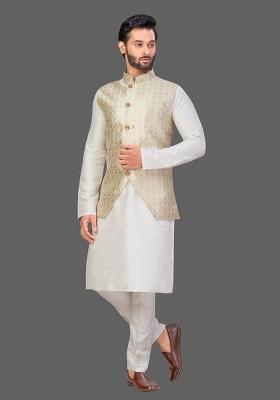 Cream Solid Art Silk Nehru Jacket Set For Men
