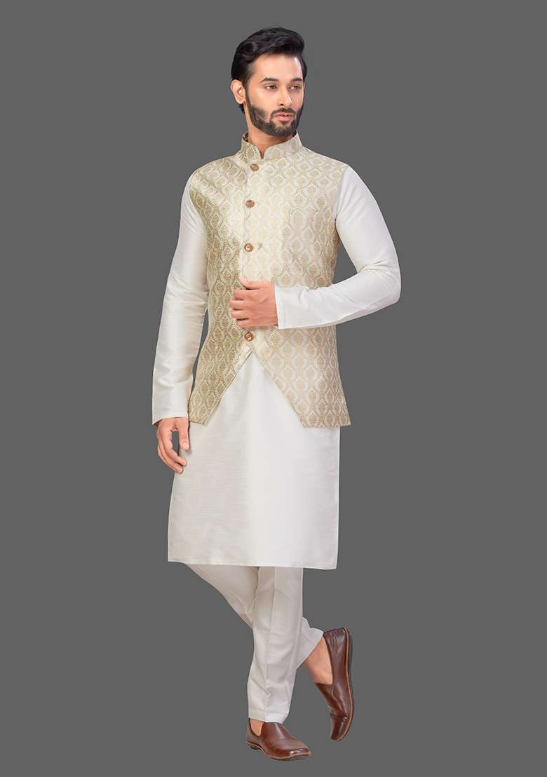 Cream Solid Art Silk Blend Nehru Jacket Set For Men - Indya