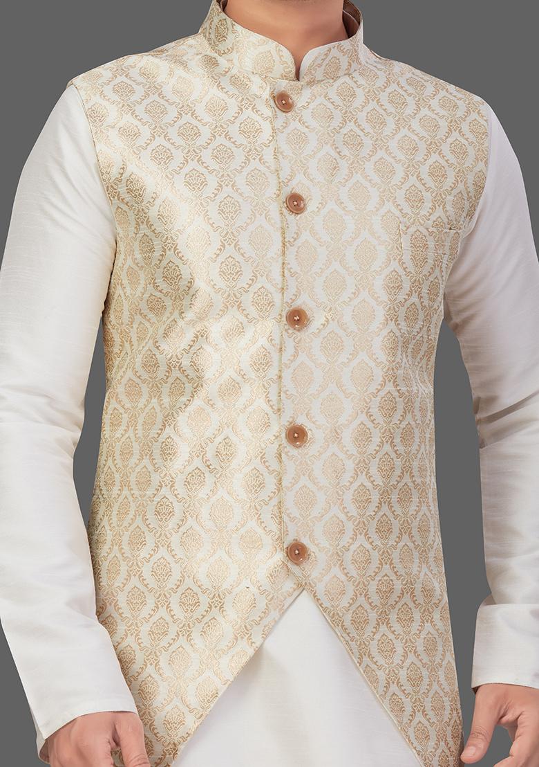 Cream Solid Art Silk Nehru Jacket Set For Men