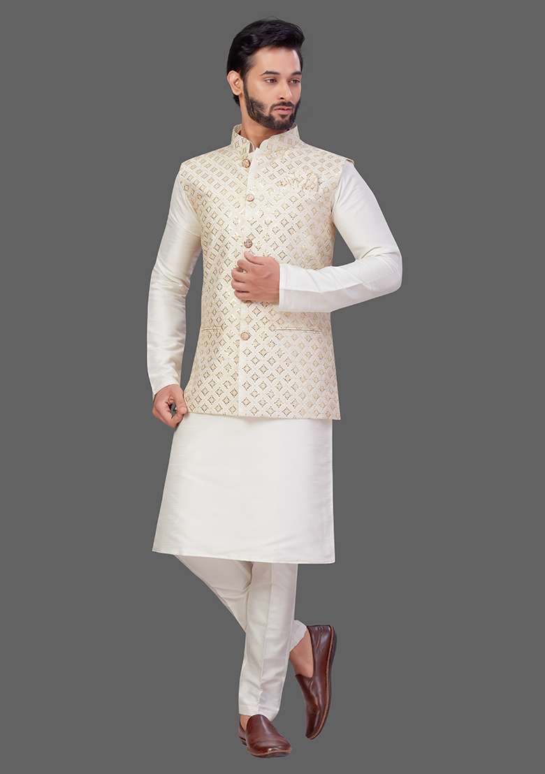 Cream Solid Art Silk Blend Nehru Jacket Set For Men - Indya