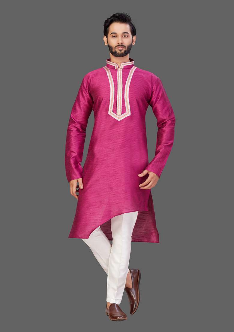 White Solid Dobi Dupion Kurta Set For Men - Indya