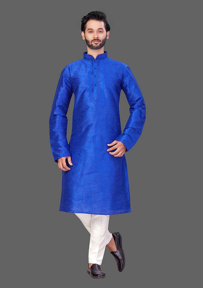 White Solid Art Silk Blend Kurta Set For Men - Indya