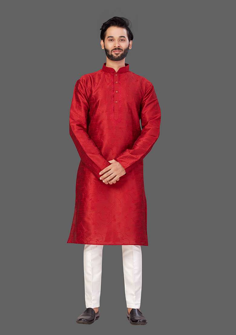 White Solid Art Silk Blend Kurta Set For Men - Indya