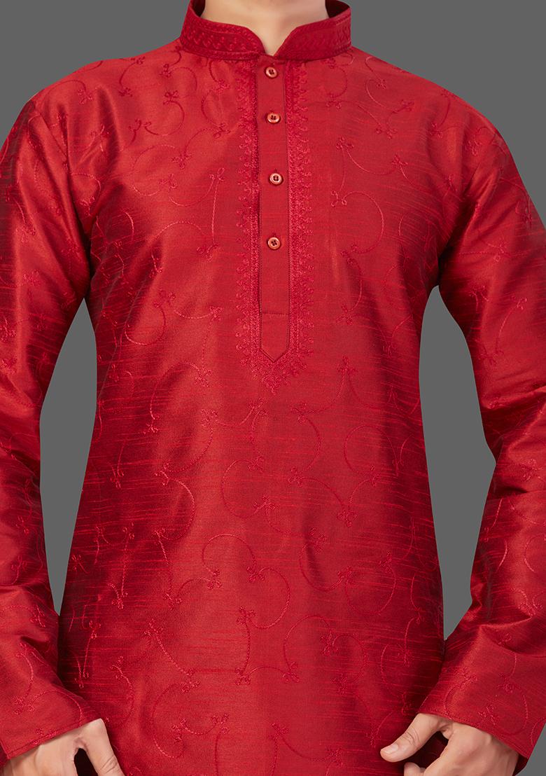 White Solid Art Silk Kurta Set For Men