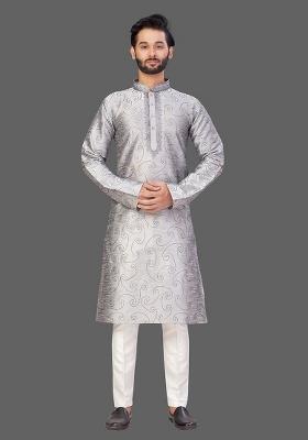White Solid Art Silk Kurta Set For Men
