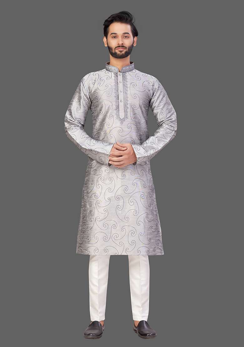 White Solid Art Silk Blend Kurta Set For Men - Indya