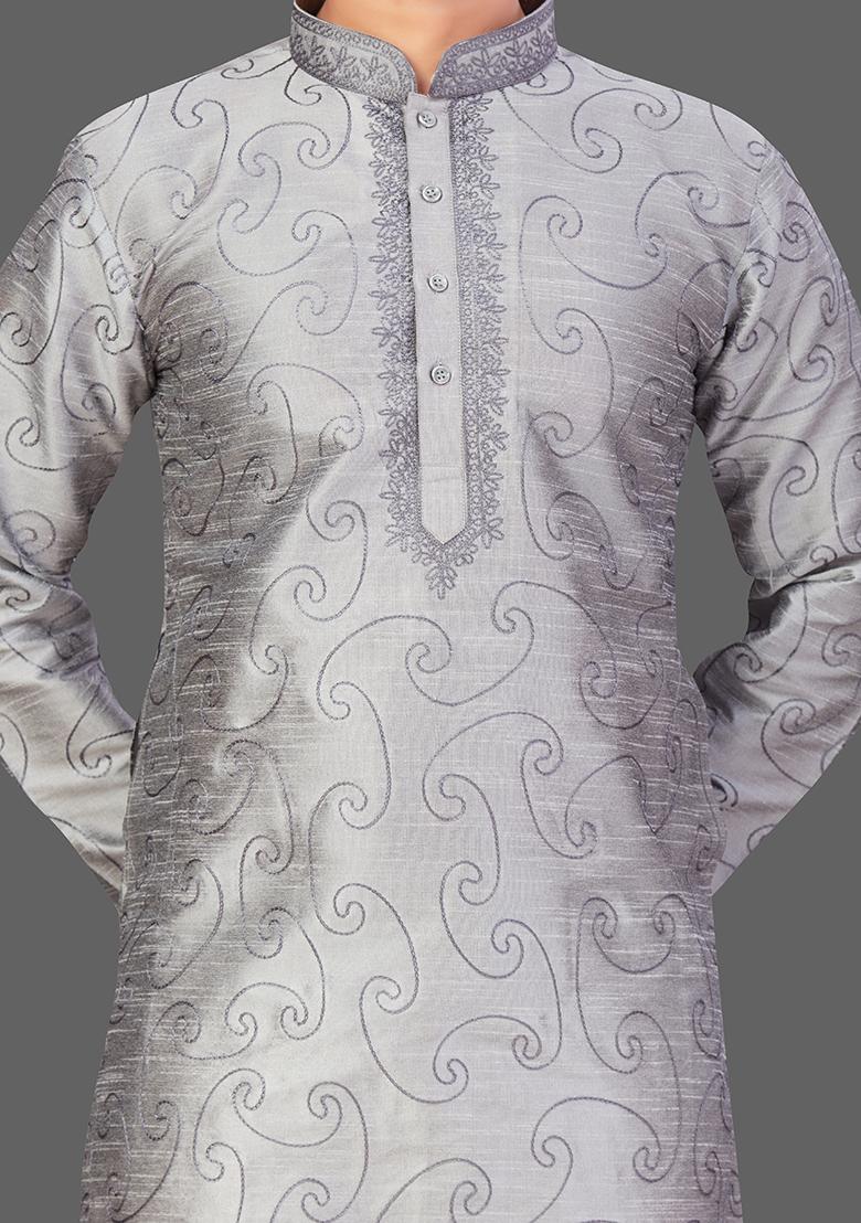 White Solid Art Silk Kurta Set For Men