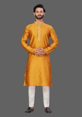 White Solid Jacquard Kurta Set For Men