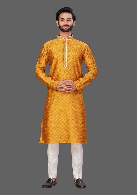 White Solid Jacquard Kurta Set For Men