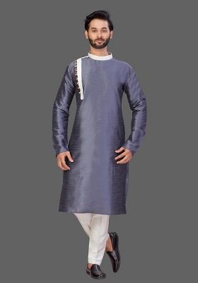 White Solid Art Silk Kurta Set For Men