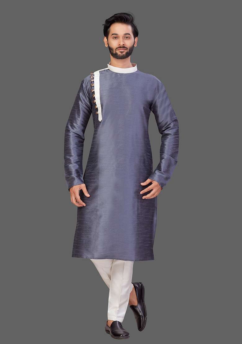 White Solid Art Silk Blend Kurta Set For Men - Indya
