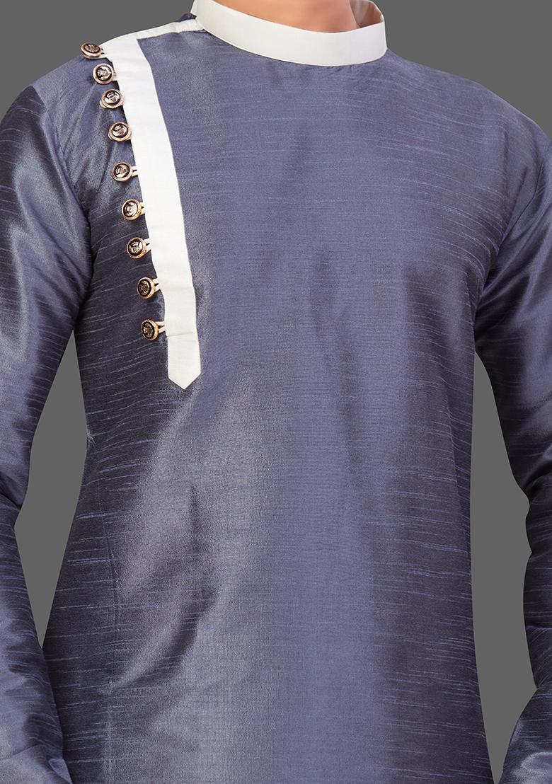 White Solid Art Silk Kurta Set For Men