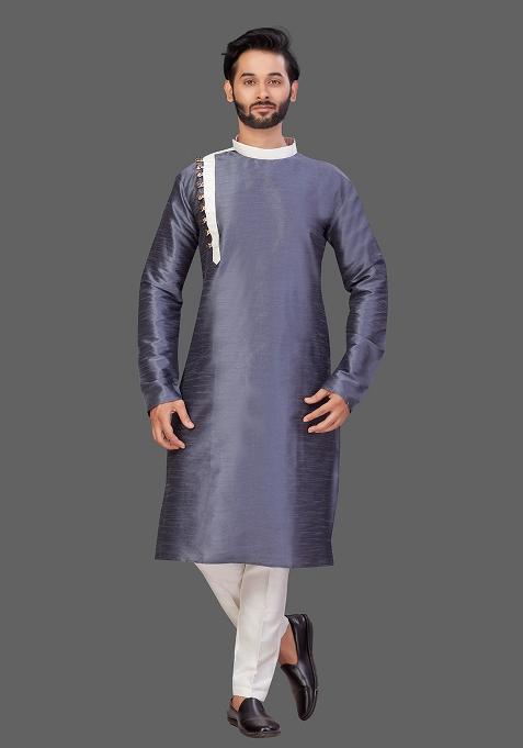 White Solid Art Silk Kurta Set For Men