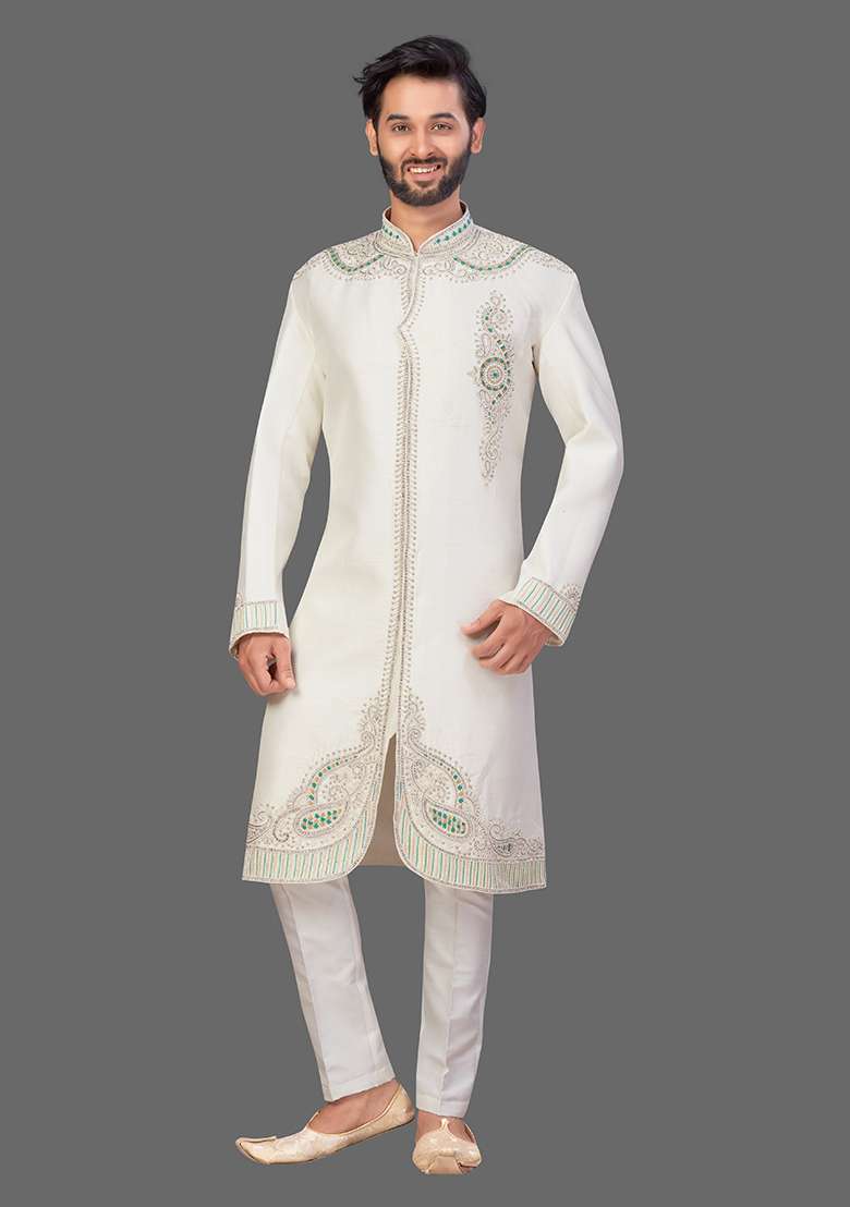 Cream Embroidered Art Silk Blend Indo Western Sherwani Set For Men - Indya