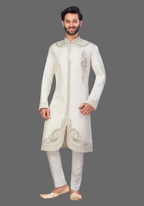 Cream Embroidered Art Silk Indo Western Sherwani Set For Men — view on Indya