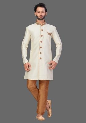 Gold Embroidered Art Silk Indo Western Sherwani Set For Men