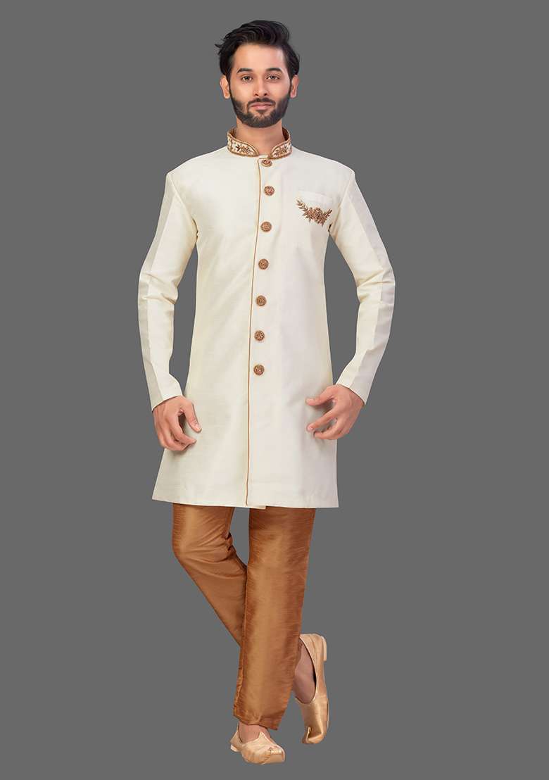 Gold Embroidered Art Silk Blend Indo Western Sherwani Set For Men - Indya