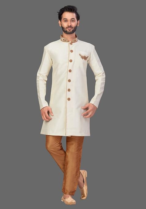 Gold Embroidered Art Silk Indo Western Sherwani Set For Men