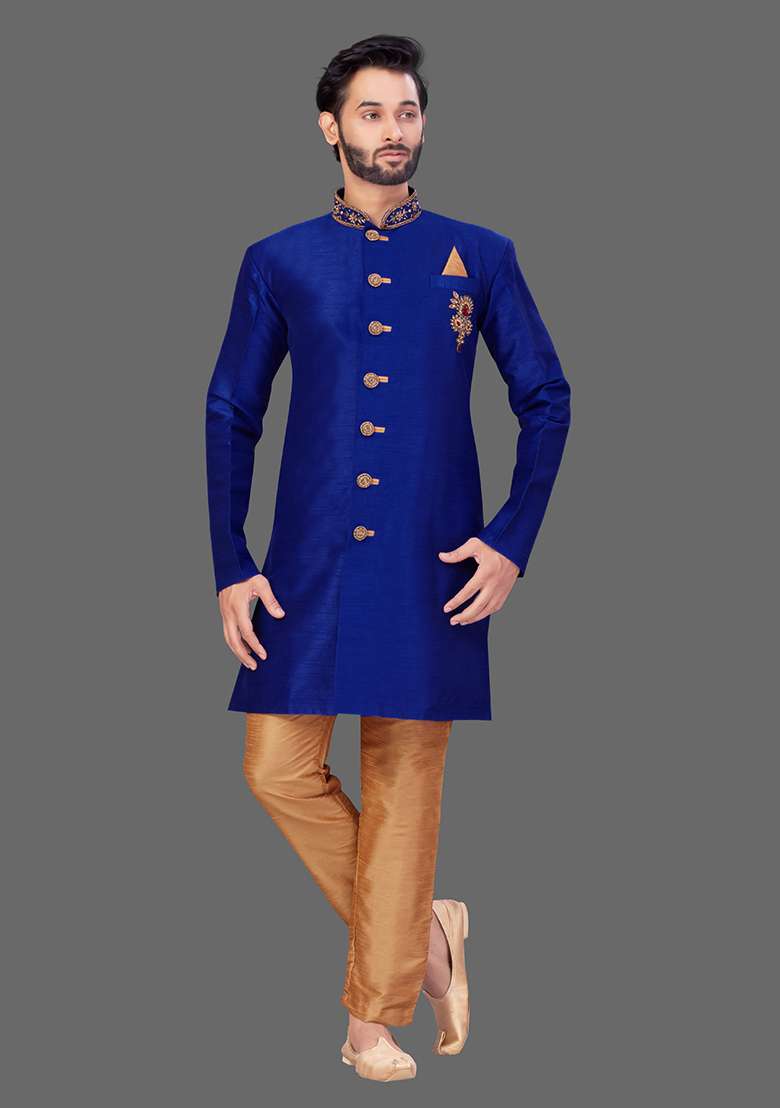 Gold Embroidered Art Silk Blend Indo Western Sherwani Set For Men - Indya