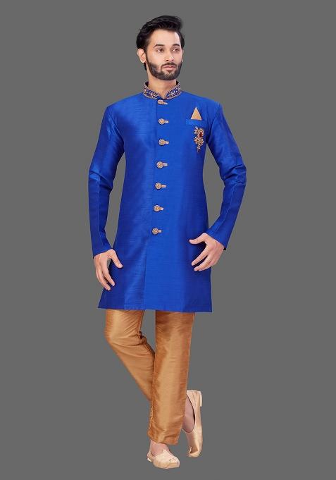 Gold Embroidered Art Silk Indo Western Sherwani Set For Men — view on Indya