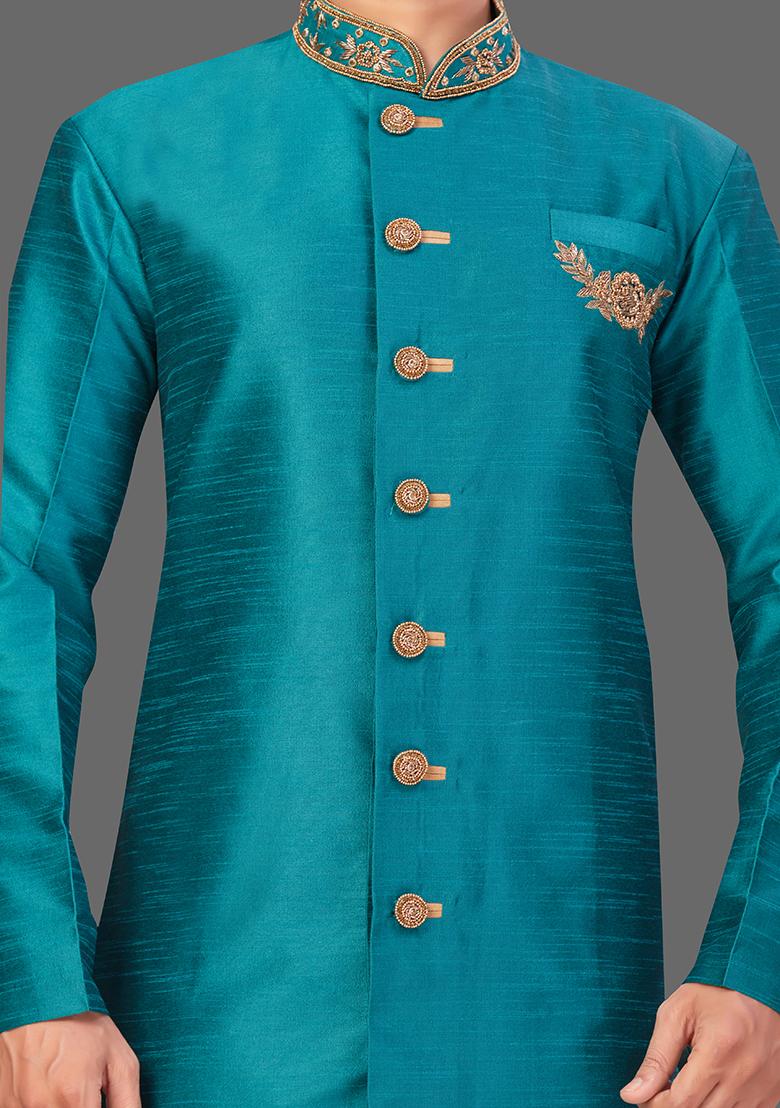 Gold Embroidered Art Silk Indo Western Sherwani Set For Men