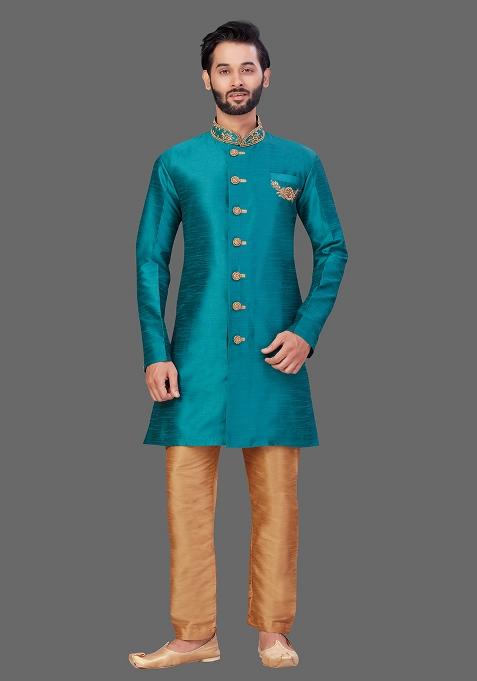 Gold Embroidered Art Silk Blend Indo Western Sherwani Set For Men