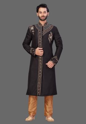 Gold Embroidered Art Silk Indo Western Sherwani Set For Men