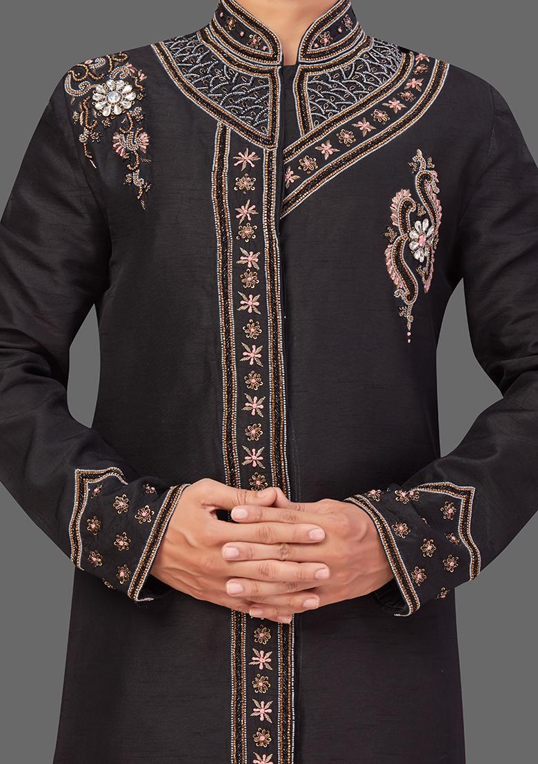 Gold Embroidered Art Silk Indo Western Sherwani Set For Men