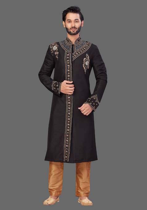 Gold Embroidered Art Silk Blend Indo Western Sherwani Set For Men