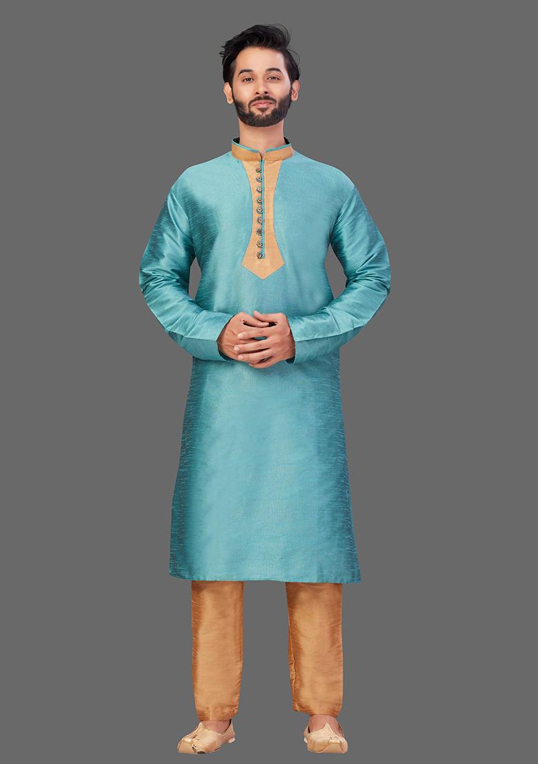 Gold Solid Art Silk Kurta Set For Men