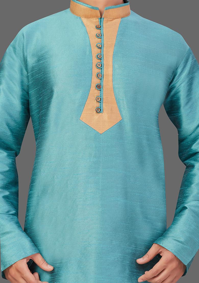 Gold Solid Art Silk Kurta Set For Men