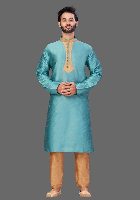 Gold Solid Art Silk Kurta Set For Men