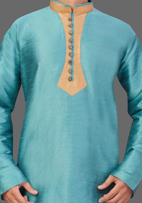 Gold Solid Art Silk Kurta Set For Men