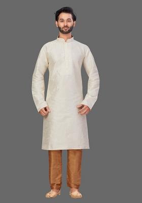 Gold Solid Art Silk Kurta Set For Men