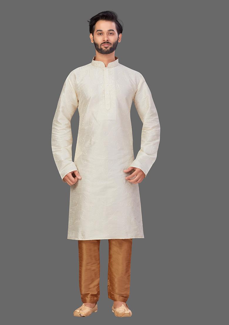 Gold Solid Art Silk Kurta Set For Men