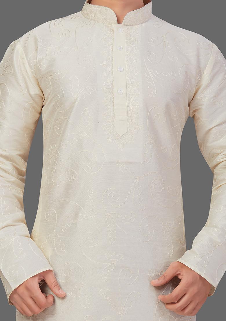 Gold Solid Art Silk Kurta Set For Men