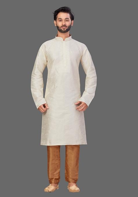 Gold Solid Art Silk Kurta Set For Men