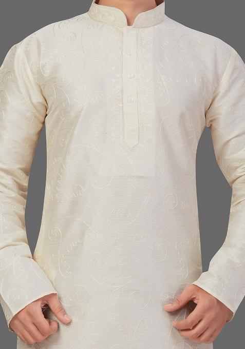 Gold Solid Art Silk Kurta Set For Men