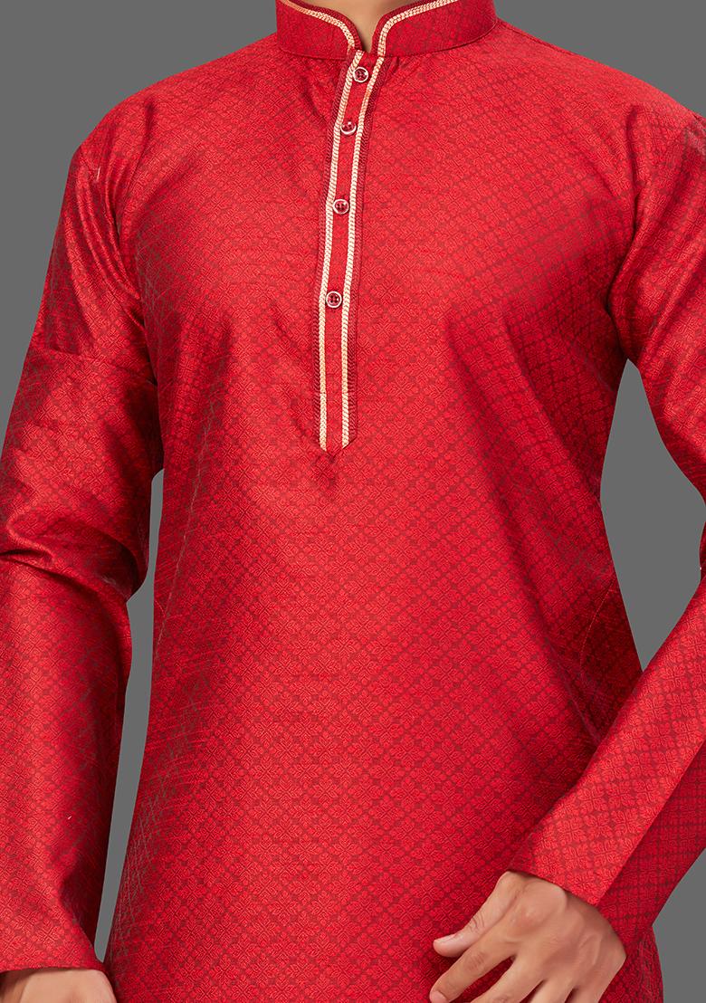 Gold Solid Jacquard Kurta Set For Men