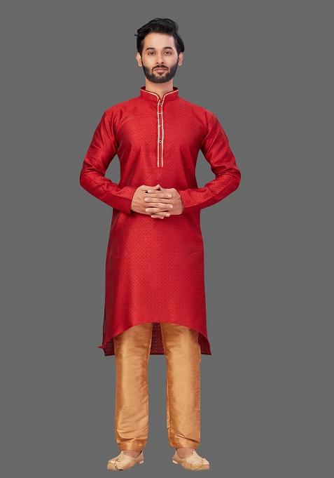 Gold Solid Jacquard Kurta Set For Men
