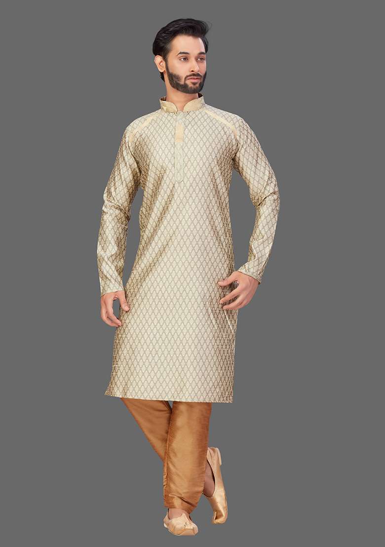 Gold Solid Jacquard Kurta Set For Men - Indya