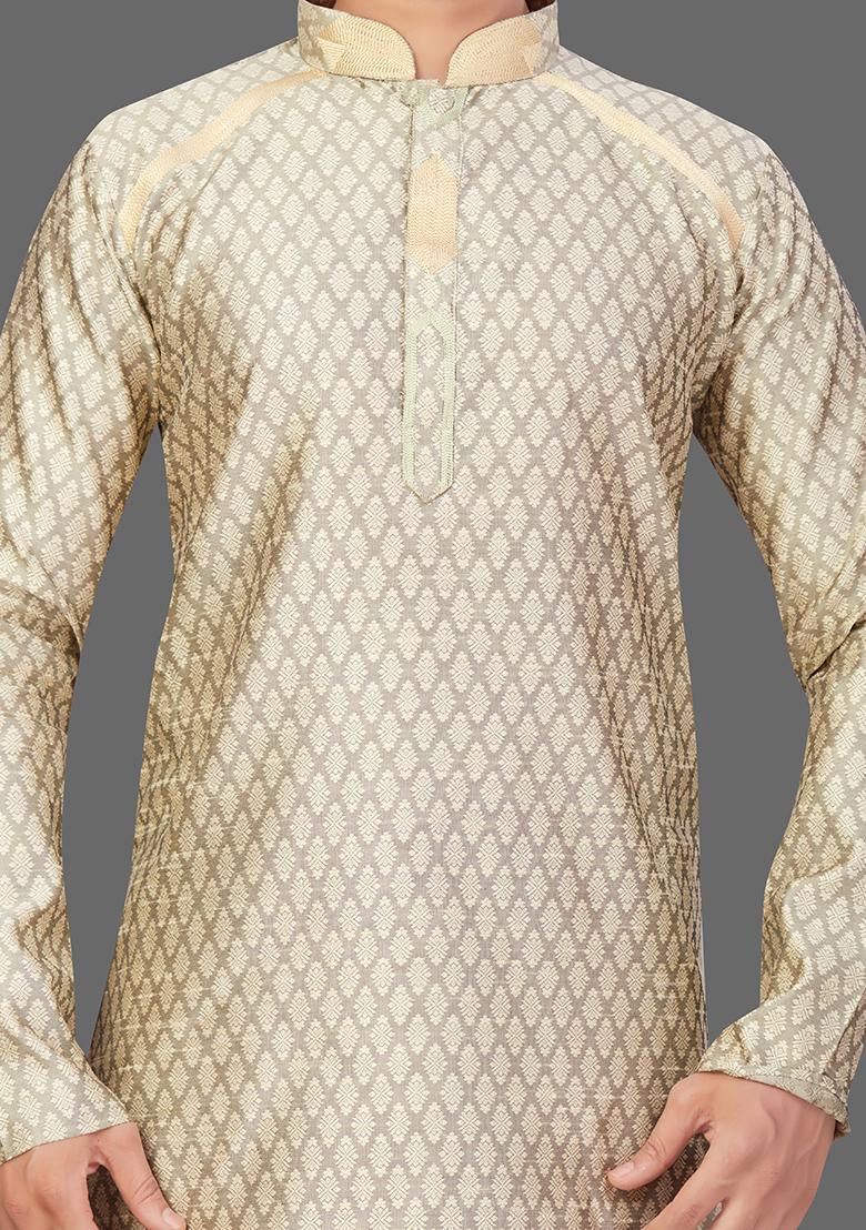 Gold Solid Jacquard Kurta Set For Men