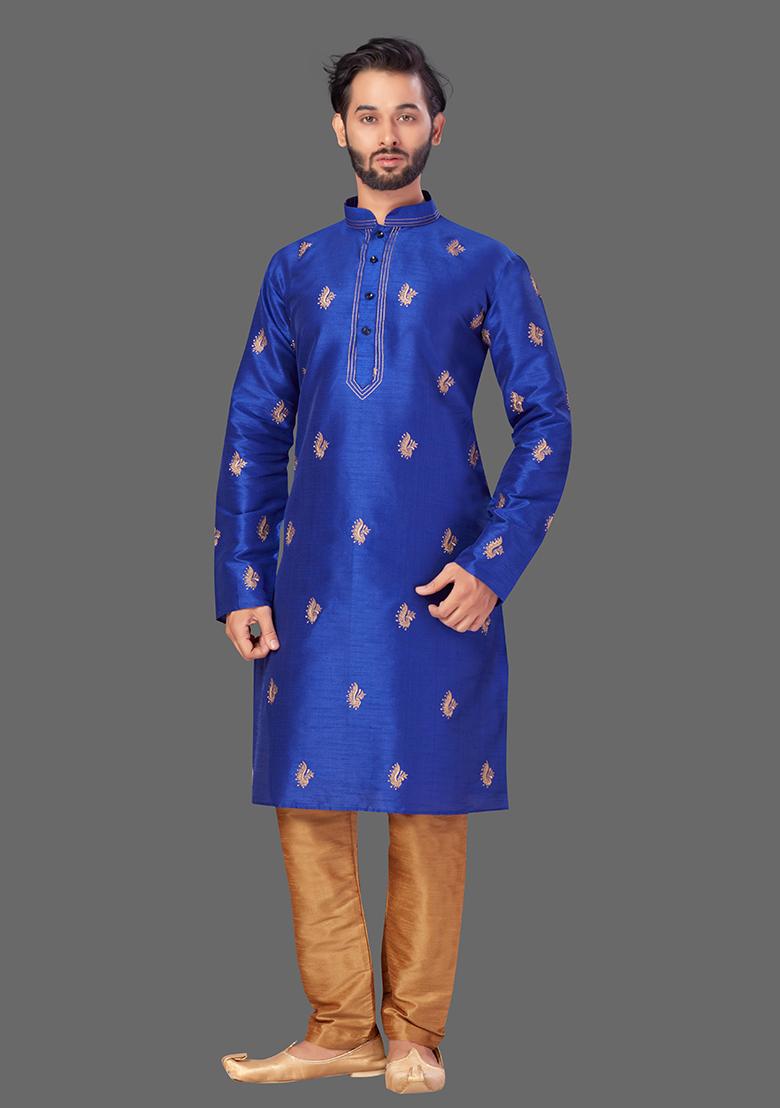 Gold Embroidered Art Silk Kurta Set For Men