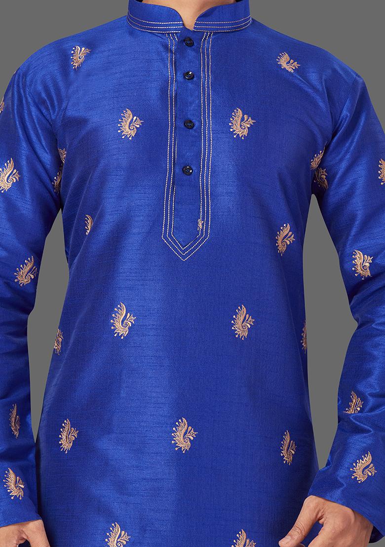 Gold Embroidered Art Silk Kurta Set For Men