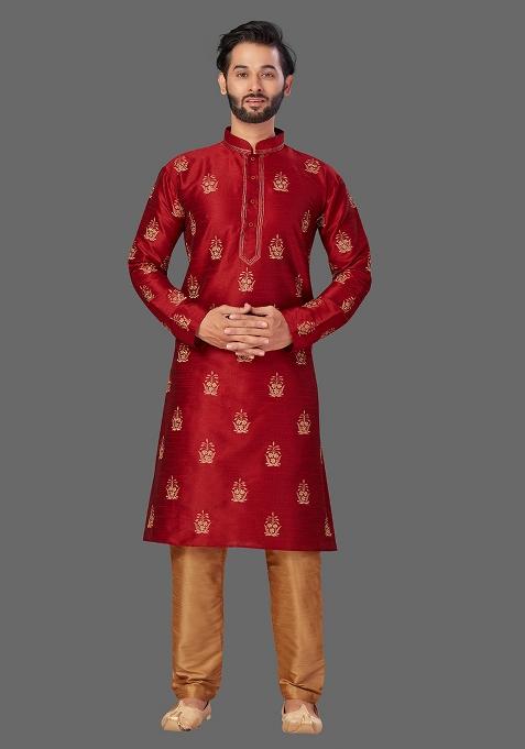 Gold Embroidered Art Silk Kurta Set For Men