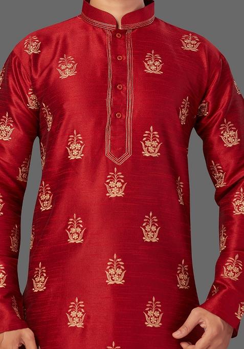 Gold Embroidered Art Silk Kurta Set For Men