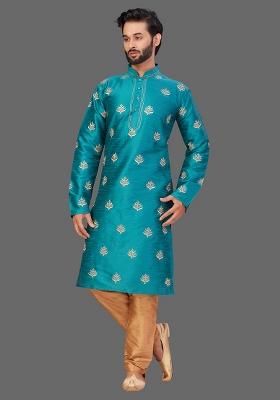 Gold Embroidered Art Silk Kurta Set For Men